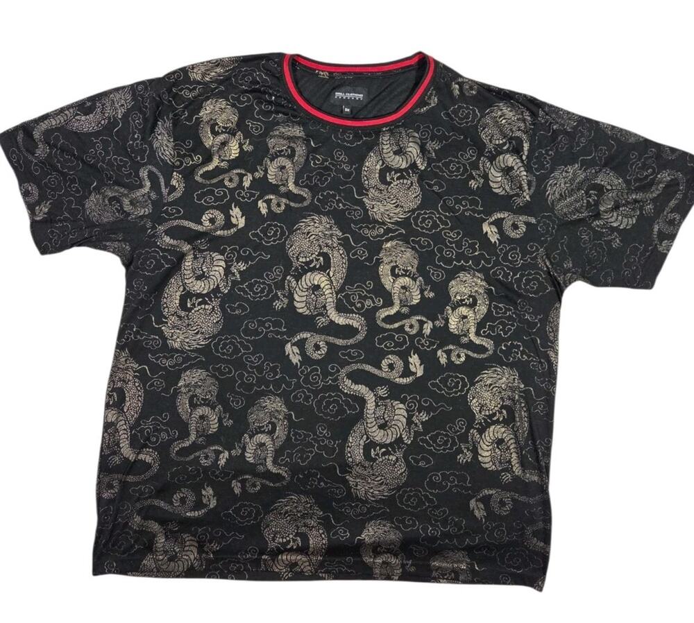 Black Gold AOP Dragon Print T-Shirt Drill Clothing Streetwear Skater READ SIZING